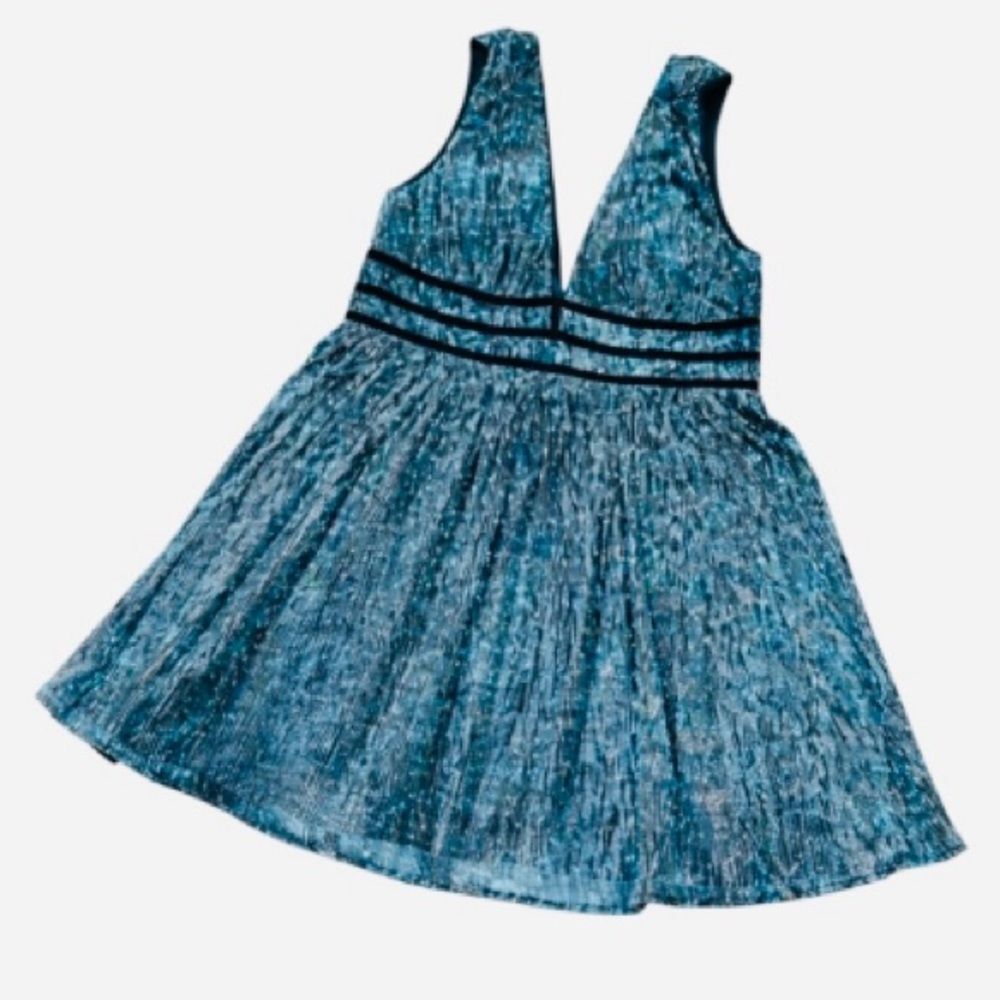 Lulus NWT Teal Metallic Pleated V-Neck Empire Waist Party Dress XL - Picture 3 of 12